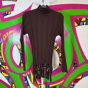 Venus, Brown Turtleneck Sweater with Braided Fringe. Size Medium. Excellent cond